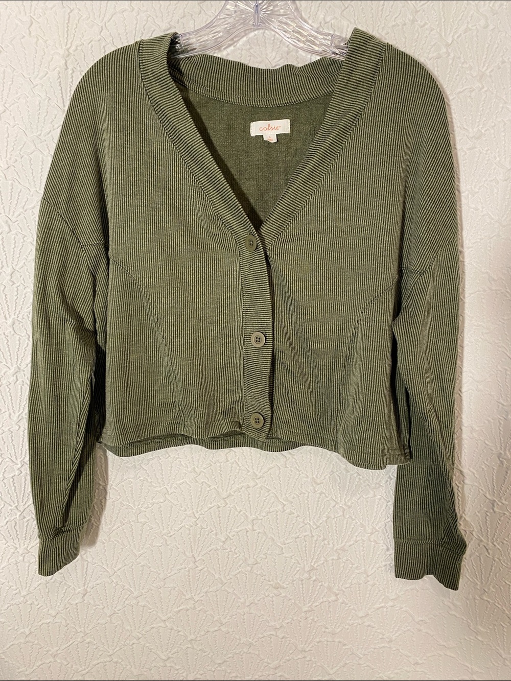 Colsie Olive Green Ribbed Button-Front Cardigan size L layering Cabincore